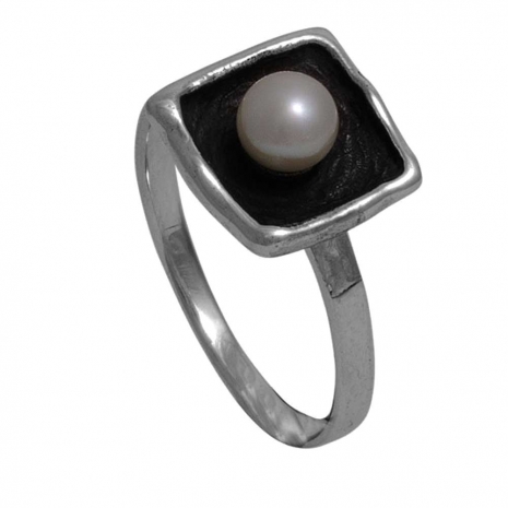 Handmade sterling silver ring Eight-RG-00391 with rhodium plating, oxidized surfaces and semi-precious stones (pearls)