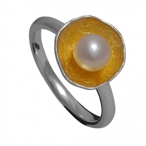 Handmade sterling silver ring Eight-RG-00393 with rhodium and gold plating and semi-precious stones (pearls)