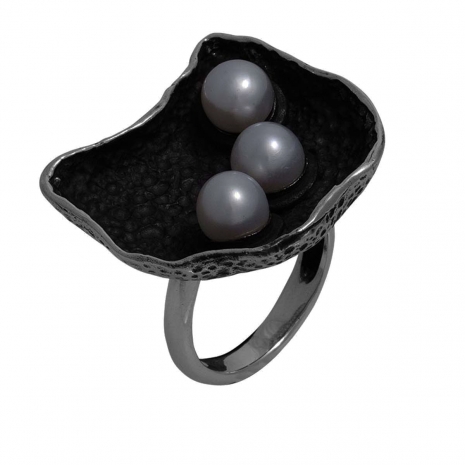 Handmade sterling silver ring Eight-RG-00395 with rhodium plating, oxidized surfaces and semi-precious stones (pearls)