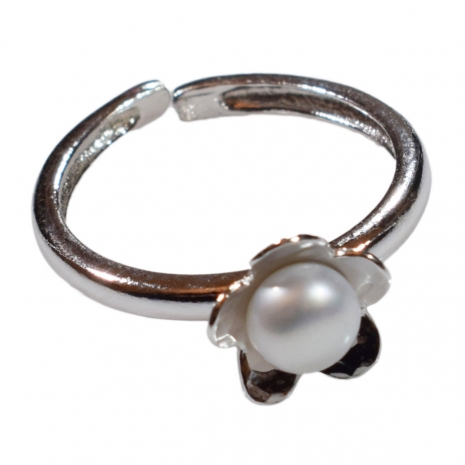 Handmade sterling silver ring Eight-RG-00699 flower with rhodium plating and semi-precious stones (pearls)