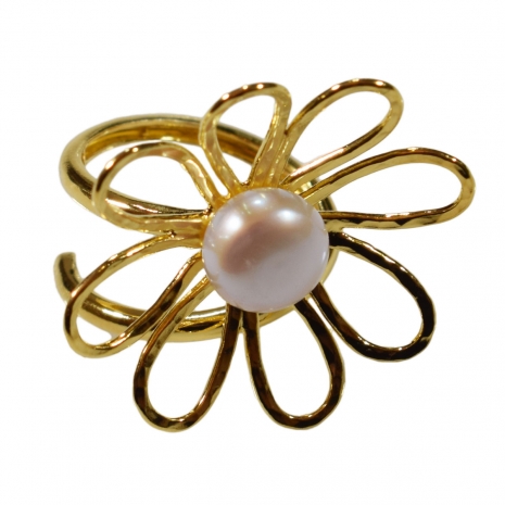 Handmade sterling silver ring Eight-RG-00700 flower with gold plating and semi-precious stones (pearls)