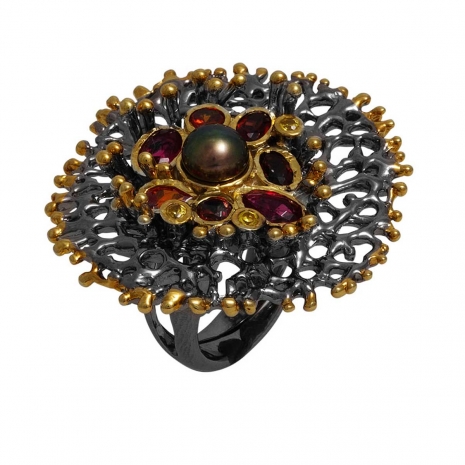 Handmade sterling silver ring Eight-RG-00007 with black and gold plating and semi-precious stones (pearls and cubic zirconia)