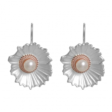 Handmade sterling silver earrings Eight-ER-00305 flowers with rhodium and rose gold plating and semi-precious stones (pearls)